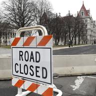State Street is blocked off for more hardened security at the New York state Capitol, Monday, Jan. 11, 2021, in Albany, N.Y. 