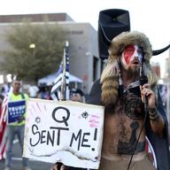 Jacob Anthony Chansley, also known as Jake Angeli, a Qanon believer outside the Maricopa County Recorder's Office where votes in the general election are counted, Nov. 5, 2020.