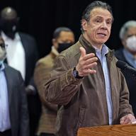  In this Wednesday, Feb. 24, 2021, file photo, New York Gov. Andrew Cuomo speaks during a press conference before the opening of a mass COVID-19 vaccination site in Queens, N.Y.
