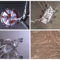 This combination of images from video made available by NASA shows steps in the descent of the Mars Perseverance rover as it approaches the surface of the planet on Thursday, Feb. 18, 2021.