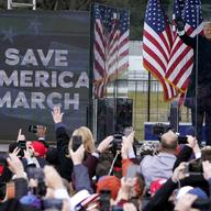In this Jan. 6, 2021, file photo, President Donald Trump arrives to speak at a rally in Washington. Arguments begin Tuesday, Feb. 9, in the impeachment trial of Donald Trump on allegations that he inc