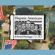 A 20-cent postage stamp featuring an illustration of seven Hispanic Americans standing in front of an American flag. According to the National Postal Museum, “The Hispanic Americans stamp design featu
