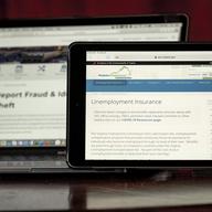 Web pages used to show information for collecting unemployment insurance in Virginia, right, and reporting fraud and identity theft in Pennsylvania, are displayed on the respective state web pages.