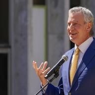 New York City Mayor Bill de Blasio speaks before members of the New York Philharmonic perform on the Lincoln Center campus as part of Restart Stages at Lincoln Center, Wednesday, April 7, 2021, i