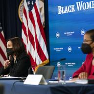 Vice President Kamala Harris, left, and White House Domestic Policy director Susan Rice, participate in a roundtable discussion highlighting the disparities that Black women face in maternal health.