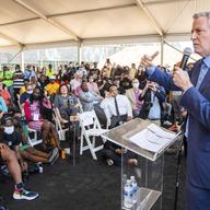 New York mayor Bill de Blasio speaks at the Universal Hip Hop Museum groundbreaking ceremony on Thursday, May 20, 2021, in the Bronx borough of New York.