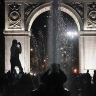 A crowd gathers in Washington Square Park to await election results one day after the General Election, Wednesday, Nov. 4, 2020, in New York. 