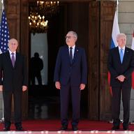 Russian President Vladimir Putin, Swiss President Guy Parmelin, U.S President Joe Biden pose for media in Geneva, Switzerland, Wednesday, June 16, 2021. 