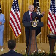 President Joe Biden speaks about infrastructure negotiations, in the East Room of the White House, Thursday, June 24, 2021, in Washington. Vice President Kamala Harris stands at left.