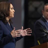 Vice President Kamala Harris, left, and Guatemalan President Alejandro Giammattei, attend a news conference, Monday, June 7, 2021, at the National Palace in Guatemala City.