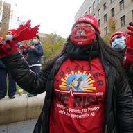 Members of the New York State Nurses Association rally adjacent to New York Presbyterian Hospital, in New York, Wednesday, Nov. 17, 2021. 