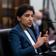 Lina Khan testifies during a Senate nomination hearing, on April 21, 2021.