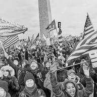 A large crowd of people yells and waves U.S. and Trump flags in front of the Washington Monument.