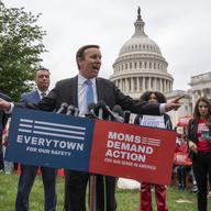 Sen. Chris Murphy, D-Conn., the Senate's staunchest gun control advocate, is joined from left by Sen. Ed Markey, D-Mass., and Sen. Alex Padilla, D-Calif., as they speak to activists demanding action.