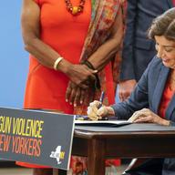 New York Gov. Kathy Hochul signs a package of bills to strengthen gun laws, June 6, 2022, in New York. The Supreme Court, Thursday, June 23, 2022, struck down a restrictive New York gun law in a major
