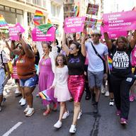Representatives from Planned Parenthood walk in the NYC Pride March on Sunday, June 26, 2022, in New York. 
