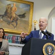 President Joe Biden speaks about abortion access during an event in the Roosevelt Room of the White House, Friday, July 8, 2022, in Washington. Vice President Kamala Harris looks on at left. 