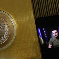 Ukrainian President Volodymyr Zelenskyy from video addresses the 77th session of the United Nations General Assembly, at U.N. headquarters, Wednesday, Sept. 21, 2022.