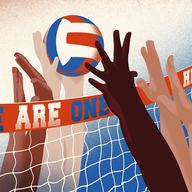 Arms of different skin tones reaching for a volleyball over the net.