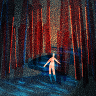 A drawing of a person on a dark, winding forest path in an almost pointillistic style. In the distance, some trees glow red from a warm light ahead.