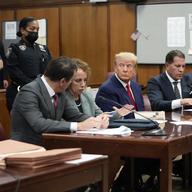Former President Donald Trump appears in court for his arraignment, Tuesday, April 4, 2023, in New York. 