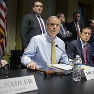 House Judiciary Committee Chair Jim Jordan, R-Ohio, center, Rep. Jerry Nadler, D-N.Y., left, Rep. Darrell Issa, R-Calif., second from right, and Rep. Matt Gaetz, R-Fla., right, take their seats.
