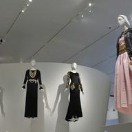 esigns by Karl Lagerfeld are displayed at the Metropolitan Museum of Art's Costume Institute exhibition, 'Karl Lagerfeld: A Line of Beauty,' on Saturday, April 29, 2023, in New York. 