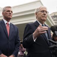 Senate Minority Leader Mitch McConnell of Ky., and House Speaker Kevin McCarthy of Calif., talk to reporters on May 16, 2023 in Washington.