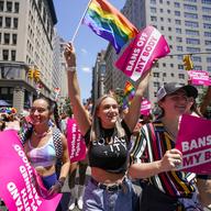 Revelers with Planned Parenthood march down Fifth Avenue during the annual NYC Pride March, on June 26, 2022, in New York.