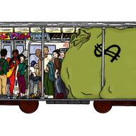 An illustration depicting the inside of a Subway car in 2023. Passengers are seated and standing throughout the car. There is very large bag of money taking up lots of space, pressing on riders.