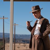 a man in a brown suit and brown fedora smoking a pipe in a desert like landscape.