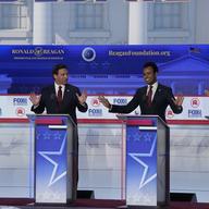 Former U.N. Ambassador Nikki Haley, Florida Gov. Ron DeSantis, businessman Vivek Ramaswamy and Sen. Tim Scott, R-S.C., argue a point during a Republican presidential primary debate.
