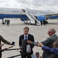 U.S. Secretary of State Antony Blinken speaks to the media about his meetings with Turkish counterparts before departing from Ankara Esenboga Airport in Ankara, Turkey, Monday Nov. 6, 2023. 