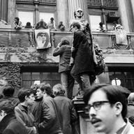 Part of some estimated 300 students at Columbia University are shown milling around Hamilton Hall on the campus in New York, April 24, 1968.