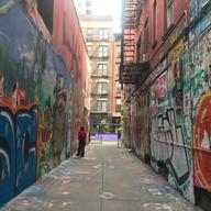 Freeman Alley is about 150 feet long and 12 or less feet wide. Vibrant graffiti art lines the walls on each side. The images are bursting with color and expression. 