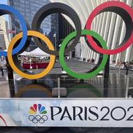 Olympic rings are on display in New York on Tuesday, July 9, 2024, ahead of the Summer Olympics in Paris.