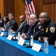 Mayor Eric Adams (C) and NYPD (New York City Police Department) executives hold briefing on security preparations in advance of Former President Trump's rally at 1 Police Plaza.