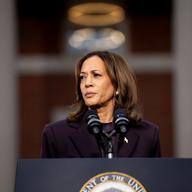 Democratic presidential nominee, U.S. Vice President Kamala Harris pauses while speaking on stage as she concedes the election, at Howard University on November 06, 2024 in Washington, DC.