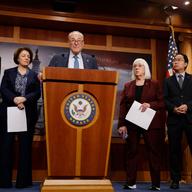 U.S. Senate Minority Leader Chuck Schumer (D-NY) (C) speaks at a news conference at the U.S. Capitol Building on January 28, 2025 in Washington, DC. 