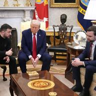 U.S. President Donald Trump (C) and Vice President JD Vance meet with Ukrainian President Volodymyr Zelensky in the Oval Office at the White House on February 28, 2025 in Washington, DC