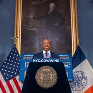 New York Mayor Eric Adams speaks to the media during a press conference at City Hall on March 03, 2025 in New York City. 