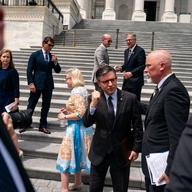 Speaker of the House Mike Johnson (R-LA) gesutes as he prepares to depart a news conference on the steps of the House of Representatives at the U.S. Capitol on May 8, 2024 in Washington, DC. 