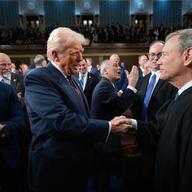 President Donald Trump (L) greets Chief Justice of the United States John G. Roberts, Jr as he arrives to deliver an address to a joint session of Congress at the U.S. Capitol on March 04, 2025 in Was