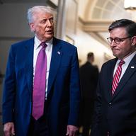 President Donald Trump and Speaker of the House Mike Johnson, R-La., talk with reporters after a House Republican Conference meeting on the budget reconciliation bill in the U.S. Capitol on Tuesday, M