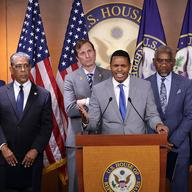 Flanked by fellow House Democrats from New York State, U.S. Rep. Ritchie Torres (D-NY) speaks out against the One, Big, Beautiful Bill Act at a press conference at the U.S. Capitol on July 2, 2025 in 