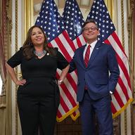U.S. Rep. Adelita Grijalva (D-AZ) and Speaker of the House Mike Johnson (R-LA) speak to the media during a ceremonial swearing-in at the U.S. Capitol Building on November 12, 2025 in Washington, DC.