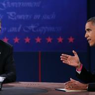 U.S. President Barack Obama (R) debates with Republican presidential candidate Mitt Romney at Lynn University on October 22, 2012 in Boca Raton, Florida.