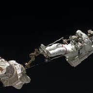 Astronaut Dave Wolf performing a spacewalk on the Endeavour in July, 2009.