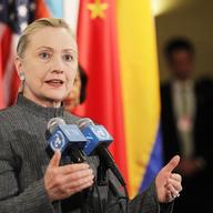 U.S. Secretary of State Hillary Rodham Clinton speaks to the press outside a United Nations Security Council meeting on the crisis in Syria