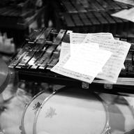 glock & sheet music & drum heads